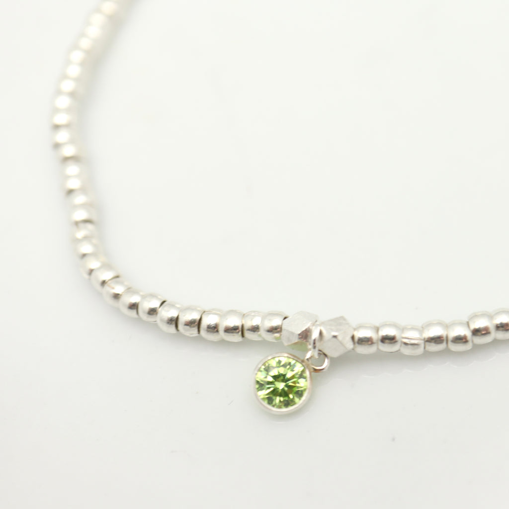 August - Light Peridot Birthstone SILVER Beaded Bracelet