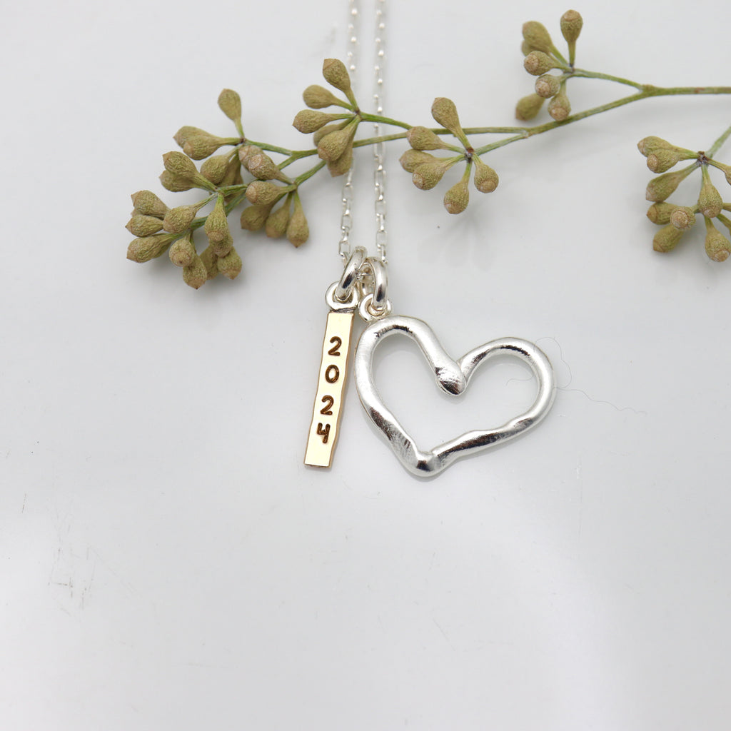 Personalized Gold Filled Bar & Fine Silver Heart Necklace