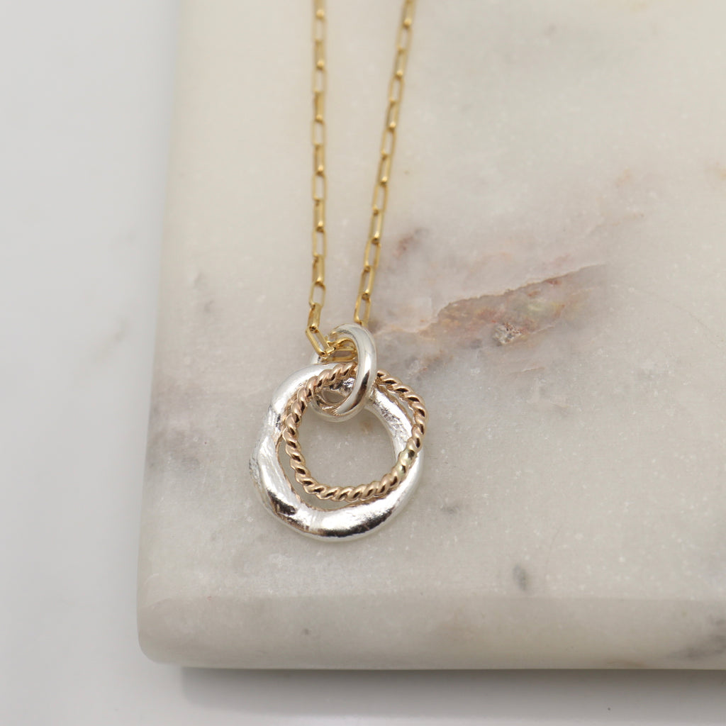 Halo Collection:  Double Halo Silver & Gold Link Pendant Necklace