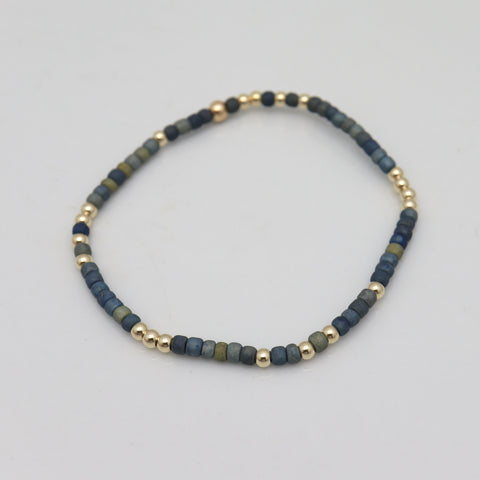 Japanese Toho Seed Bead & Gold Stretch Bracelet - Denim Blue