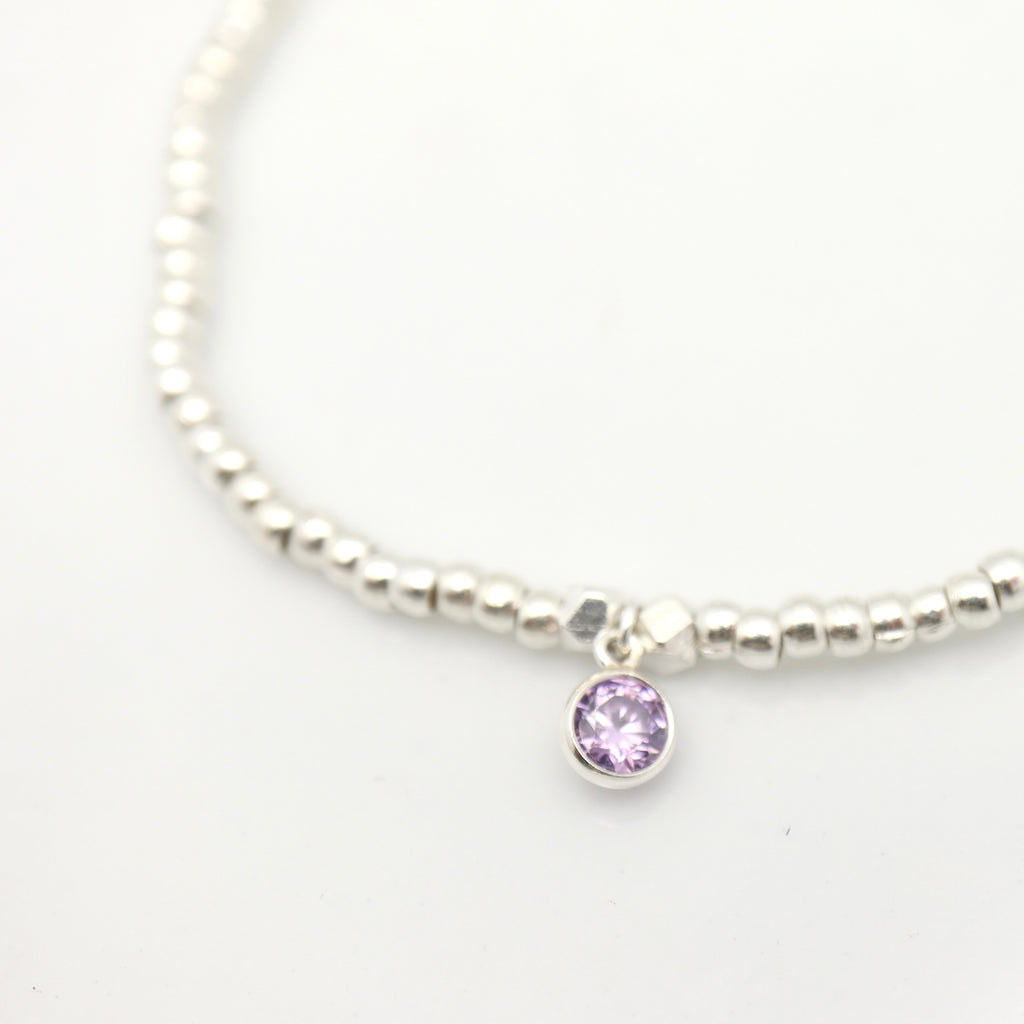 June - Light Amethyst Birthstone SILVER Beaded Bracelet