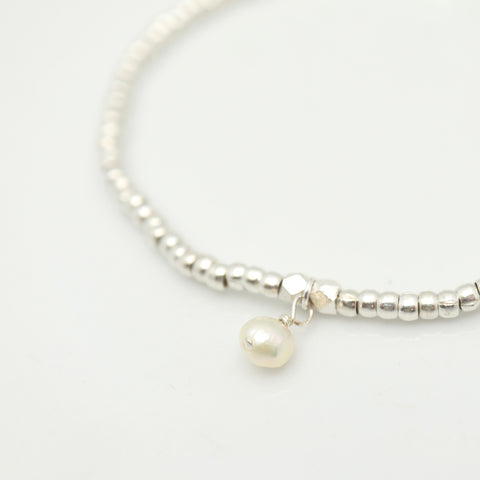 June - Pearl Birthstone SILVER Beaded Bracelet