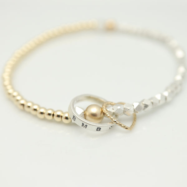 Personalized Petite Silver Ring & Gold Heart Mixed Metal Stretch Bracelet