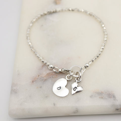 Personalized Two Different Heart Fine Silver Bracelet